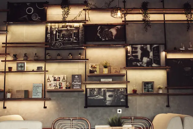 Le salon, ses étagères sous les lampes — Agrandir