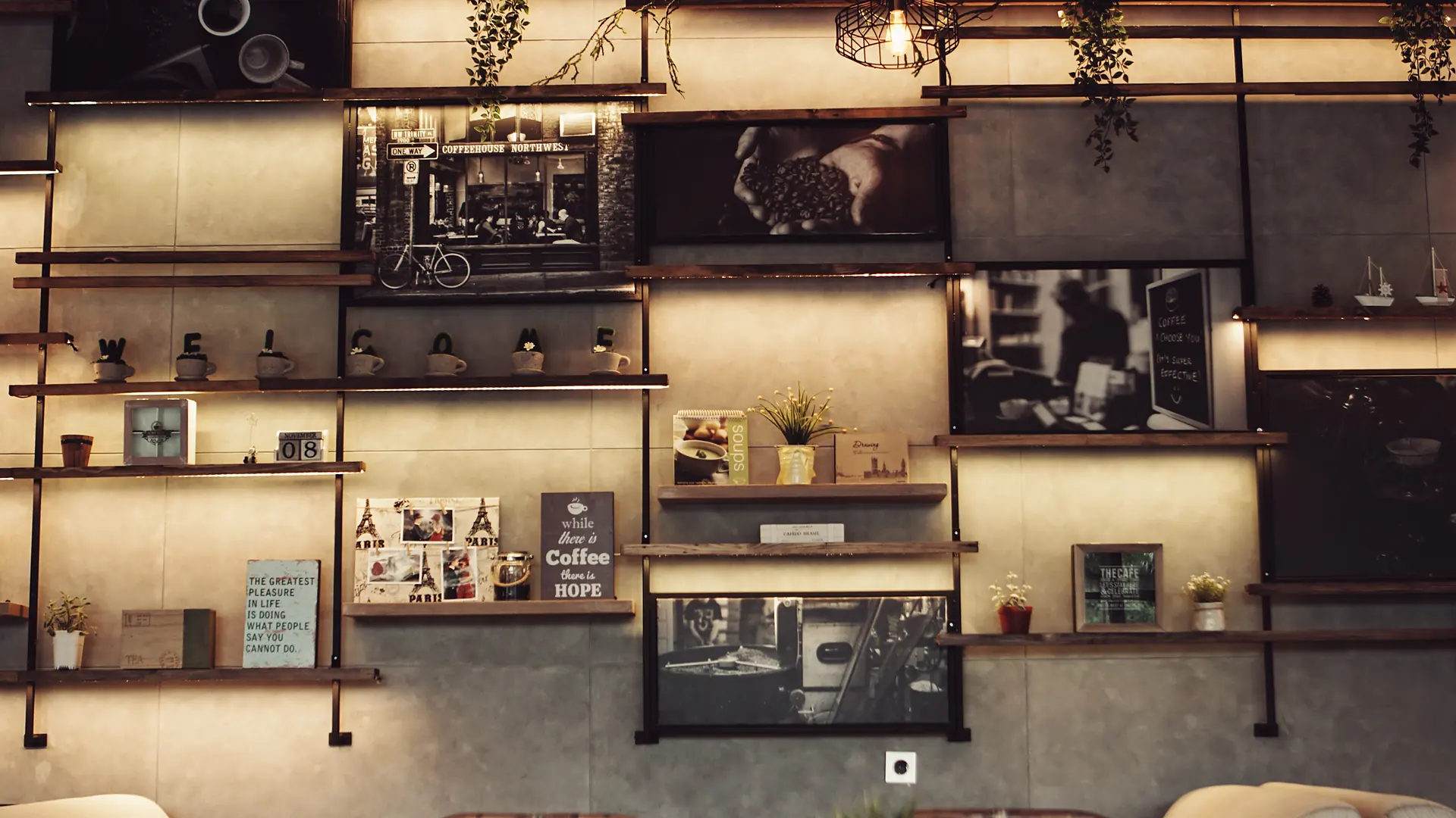 Le salon, ses étagères sous les lampes